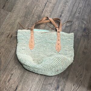 Woven Mint Green Tote Bag with Tan Leather Straps
